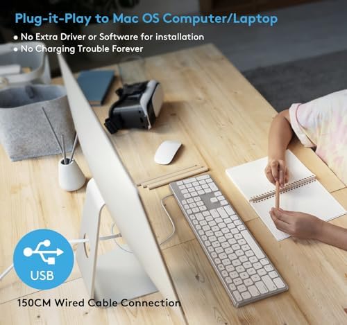 Sleek All-Aluminum Wired Keyboard for Mac OS – Full-Size USB Design with Numeric Keypad for Effortless Data Entry, Exceptional Durability, and Enhanced Typing Speed – Perfectly Compatible with i Mac, Mac Book, i Pad, and Mac Mini – Elevate Your Workspace with Elegant Silver Finish