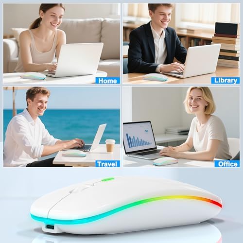 Sleek LED Bluetooth Wireless Mouse for Mac & PC – Rechargeable, RGB Light-Up Design with Dual Connectivity (BT5.2 + 2.4 G USB) – Slim, Portable Mouse with Jiggler Function for Work & Play – Enhanced Performance & Style in White