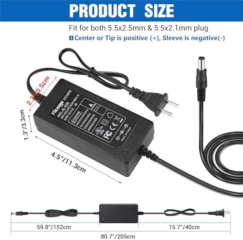 High-Efficiency 12 V 8 A AC to DC Power Adapter – 96 W Switching Supply for LED Strip Lights – 6.7 ft Power Cord – Universal Compatibility with 5.5 mm x 2.5 mm & 2.1 mm Connectors – Robust, Long-Lasting Power Solution for Home and Professional Use – Enhanced Performance & Economical Design
