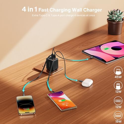 i VANKY 84 W Retractable Wall Charger – 4-Port USB Power Adapter with Dual Cables for Fast Charging – Compact Travel Solution for i Phone 16/15, i Pad, Samsung – Smart Charging Hub for Home and Office Efficiency
