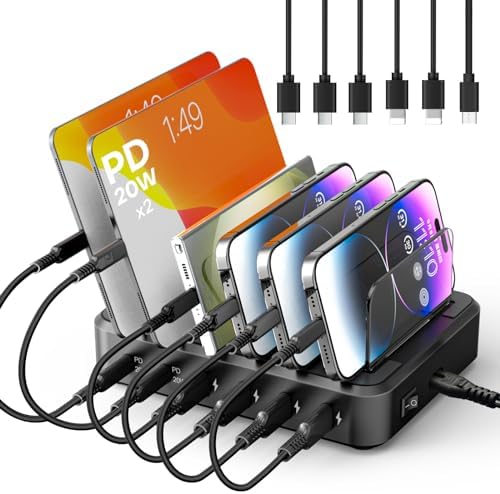 65 W 6-Port USB C Fast Charging Station – Ultimate Multi-Device Charger with 6 Mixed Cables for i Phone, i Pad, Android & More – Streamlined Power Hub for Home & Office with Safety Features and Space-Saving Design