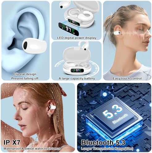 Open Ear Wireless Earbuds with Bluetooth 5.3 Technology – Lightweight Clip-On Sports Headphones Featuring Waterproof Design and Digital Display Charging Case for Active Lifestyles – Perfect for Running, Workouts, and Driving