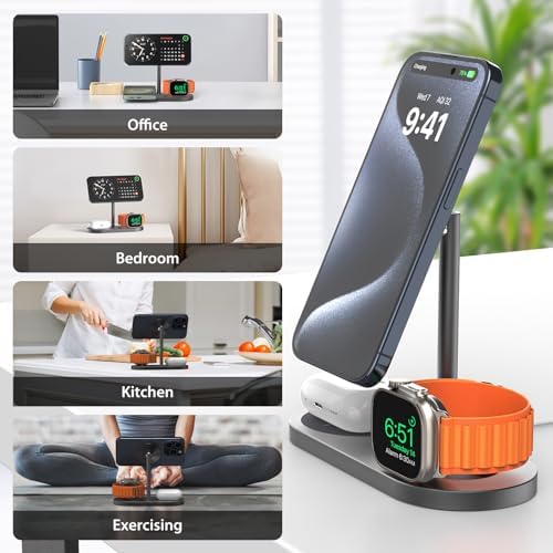 Sleek Aluminum Alloy 3-in-1 Magnetic Wireless Charging Station for Apple Devices – Fast 5 W Charger for i Phone 16/15/14/13/12, Apple Watch 9/8/7/SE & Air Pods – Ideal Travel Accessory for Clutter-Free Charging Solutions