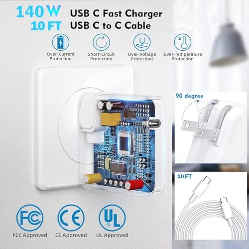 High-Speed 140 W USB-C Charger for Mac Book Pro & All USB-C Devices – 10 ft MFI-Certified Charging Cable – Ultra-Fast Power Adapter for Laptops, Tablets & Smartphones – Reliable, Safe & Efficient Solution with 30,000 Bends Durability – Perfect for Home, Office & Travel Charging Needs – Rapid Charge Your Mac Book Pro 16/15/14/13, Mac Book Air, i Pad Pro M1/M2/M3 & More – Versatile Compatibility Ensuring Optimal Performance Across Devices – Maximize Charging Efficiency with Up to 96% Efficiency Rate – Built-in IC Chip for Comprehensive Safety Protection Against Over-Current, Short-Circuit & Over-Voltage – Experience the Ultimate Charging Convenience Anywhere You Go