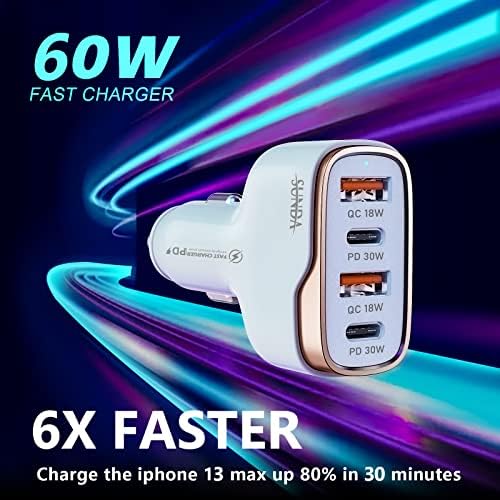 Experience Rapid Roadside Charging with SUNDA 120 W USB C Fast Car Charger – 4-Port Adapter Featuring Dual Type C PD60 W/PPS60 W for i Phone 16/15 Pro/Max/14 & Samsung Galaxy S24, Plus Dual USB-A 30 W QC3.0 for All Android Devices – Compact, Durable, and Universally Compatible for Effortless Multi-Device Charging on the Go