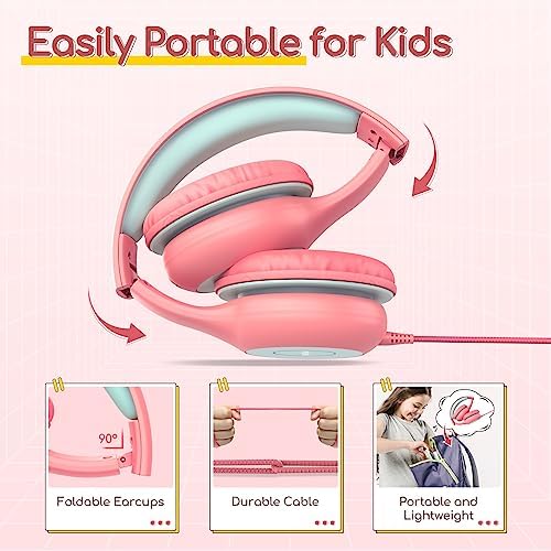 Kid-Friendly Foldable Wired Headphones with Microphone – Volume Limiting Safety (85/94 d B) for Hearing Protection, Share Port for Collaborative Audio, Ideal for Tablets, PCs, and School Use – Enhanced Type C Compatibility for Optimal Sound Quality and Comfort
