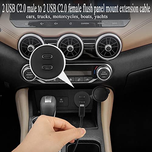 QIANRENON Waterproof Dual USB C 2.0 Threaded Flush Mount Extension Cable – 1 m (3.3 ft) Male to Female Connector for Cars, Boats, Trucks, and Motorcycles – Reliable Charging and Data Transfer Solution for Outdoor Adventures