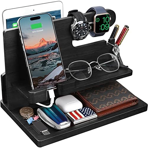 Wood Phone Docking Station – Nightstand Charging Organizer and Cell Phone Stand – Bedside Gift for Men – Enhanced Compatibility and Speed