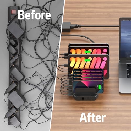 Alxum 10-Port USB Charging Station with Quick Charge 3.0 – Ultimate Multi-Device Power Hub for i Pads, i Phones, Samsung Galaxy & More – Ideal for Home, Office & Shared Spaces – Compact Design with Enhanced Safety Features for Efficient Charging and Clutter Reduction