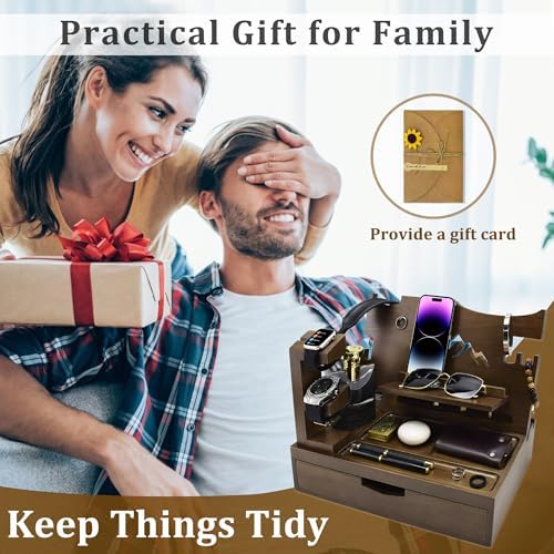 Nightstand Organizer for Men with Large Drawer, Birthday Gifts for Men, Phone Docking Station, Bedside Organizer for Nightstand for Apple Watch, Laptop (Brown, Solid Wood) – Enhanced Compatibility and Speed