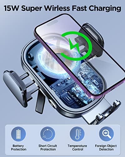 Fast Charging Wireless Car Charger with Auto-Clamping Phone Holder for i Phone & Samsung – 15 W Power Boost, Effortless One-Handed Operation, Versatile Air Vent Mount for Ultimate Convenience and Safety