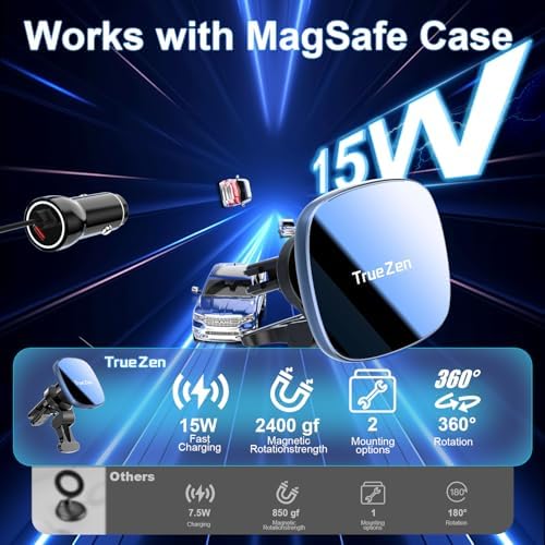 for Magsafe Car Mount Charger with USB C Cable & Car Cigarette Lighter Adapter,15W Magnetic Phone Holder for Your Car Accessories for Women,Men,Car Phone Charger for 16/15/14/13/12,Galaxy S22/S21 – Enhanced Compatibility and Speed