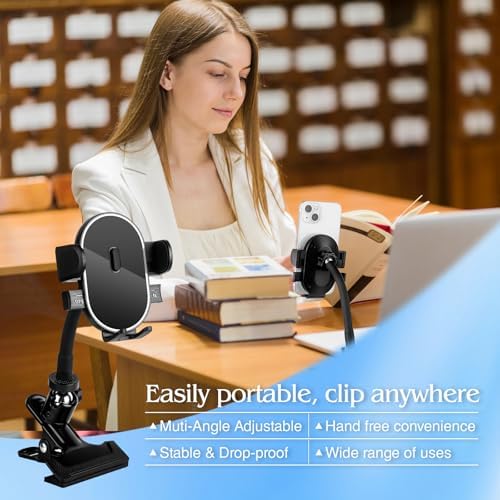 Versatile 360° Gooseneck Clip Phone Holder with Auto-Locking Clamp – Adjustable Arm Lengths for Desk, Treadmill, and Mic Stand – Securely Fits 4-7″ Smartphones for Ultimate Hands-Free Convenience and Enhanced Productivity