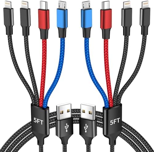 Versatile 4-in-1 Multi Charging Cable – 5 FT Dual Port USB Charger for i Phone 16/15/14, Android, and Tablets – Quick Charge Technology for Enhanced Device Compatibility – 2 Pack for Ultimate Convenience and Flexibility