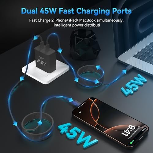 Power Up Your Devices Instantly with the 45 W Dual USB-C Fast Charger for i Phone 16 Series – Includes 6.6 FT USB-C Cable for Maximum Convenience and Compatibility with Pad Pro/Air, Galaxy S25/S24, and More – Compact, Reliable, and Efficient Charging Solution