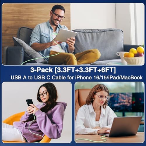 3-Pack Black [3.3FT+3.3FT+6FT] USB A to USB C Cable，USB to USB C Car Carplay Cable for iPhone 16 15 Pro Plus Pro Max，for iPad Pro/Air/Mini，for Samsung S24/S23/S22，for MacBook Pro/Air and More – Enhanced Compatibility and Speed
