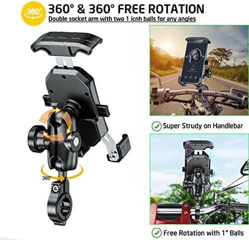 i MESTOU Wireless Phone Charger & Anti-Theft Motorcycle Mount – Fast 15 W Quick Charge with 720-Degree Rotation, USB-C 3 A Compatibility, Secure 1″ Ball Phone Holder for 4.0-7.0″ Smartphones – Innovative Handlebar Accessory for 12 V/24 V Vehicles