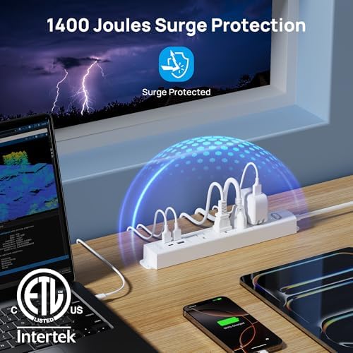 Ultra-Slim TROND Surge Protector Power Strip with 3 USB Ports & Type C – 4 AC Outlets for Maximum Device Protection & Charging Speed – 1440 J Surge Defense, ETL Listed, Space-Saving Wall Mount Design for Home Office & Dorm Use – Versatile Power Management Solution in Elegant Black