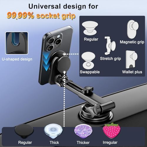Pop Socket-Compatible Car Phone Mount – Advanced Dashboard & Windshield Holder with Robust Suction Technology for All Smartphones – 360-Degree Rotation for Optimal Hands-Free Navigation & Enhanced Driving Safety – Sleek, Modern Aesthetic for Today’s Vehicles – Effortless One-Handed Adjustments