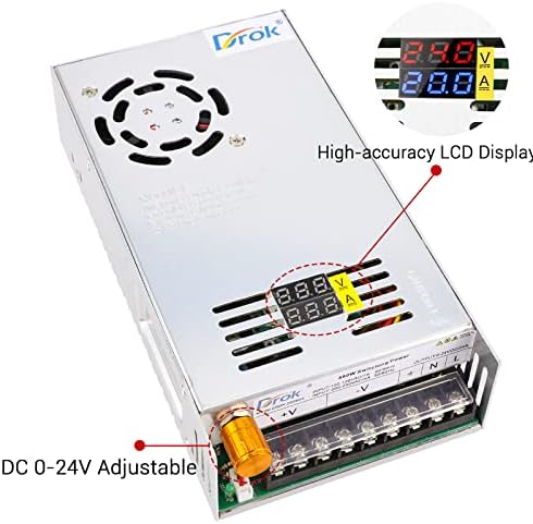 DROK 24 V Adjustable Power Supply – High-Efficiency AC to DC Converter for Reliable Power Delivery, 20 A 480 W Regulated Adapter Perfect for Computer Labs and Versatile Electronic Applications, Adjustable 5 V to 24 V Voltage Transformer for Enhanced Performance and Compatibility