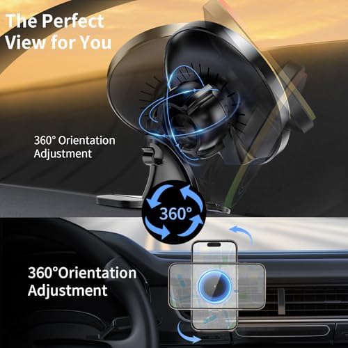 MANKIW Mag Safe Wireless Car Charger – 15 W Fast Charging Magnetic Mount for i Phone 15 Pro Max, 14, 13, 12 – Secure Magnetic Phone Holder with 360-Degree Rotation for Effortless Navigation – Essential Car Accessory for On-the-Go Charging