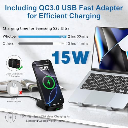 Samsung Fast Wireless Charger Stand – 15 W High-Speed Charging Dock for Galaxy S25/S24/S23, Google Pixel 9/9 Pro, i Phone 16 – Dual Coil Design for Optimal Charging – Safe & Case-Friendly Charging Station for Desk or Nightstand – Supports Vertical/Horizontally Viewing – Enhanced Compatibility for Multiple Devices – Quick and Convenient Charging Experience