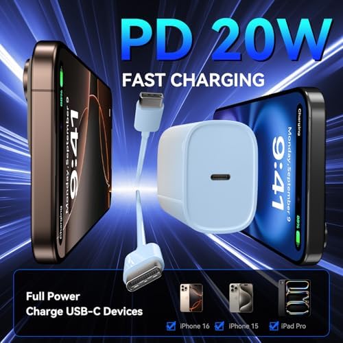 Unlock Rapid Charging Efficiency with the 20 W USB-C Power Adapter and 10 ft Cable – Ideal for i Phone 16, 15 Pro, and Galaxy S24 for Ultimate Portability and Convenience