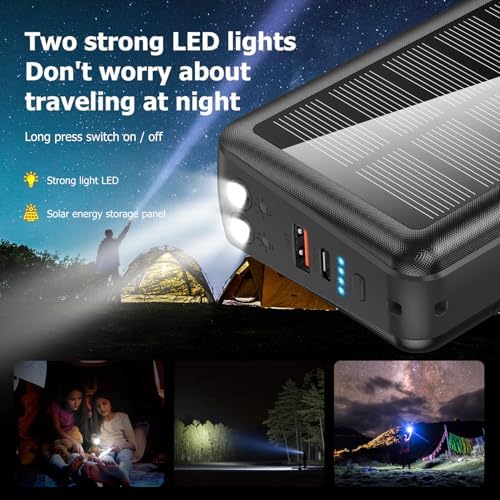 Ultra-Reliable 50,000 m Ah Solar Power Bank with Built-in Cable and Wall Plug | 30 W Fast Charging External Battery Pack with 5 Outputs, Dual LED Flashlights, and Integrated Phone Holder for On-the-Go Convenience (Blue) – Perfect for Travel and Outdoor Adventures