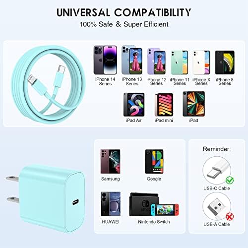 Ultra-Fast 20 W i Phone Charger with 10 ft USB C to Lightning Cable – Stylish Pink Fast Charging Block for i Phone 14 Pro Max, 13, 12, 11, XS, SE, i Pads & Air Pods – Unmatched Compatibility & Durability for On-the-Go Power