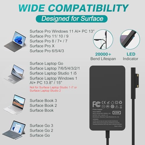 High-Performance 65 W Surface Pro Charger – Rapid Charging for Microsoft Surface Pro 10, 9, 8, 7+, 7, 6, 5, 4, 3, X & Surface Laptop Series – Ultra-Compatible with Surface Go & Surface Book – 10 FT Cable with LED Indicator for Flexible Use – Enhanced Safety Features for Longer Battery Life