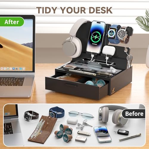 Pezin & Hulin Wooden Charging Station, Bedside Nightstand Tray, with Spacious Drawer, Felt Pads for Phones, Watch, Idea Gifts for Him Birthday, Son, Christmas for Papa Fathers Day – Enhanced Compatibility and Speed