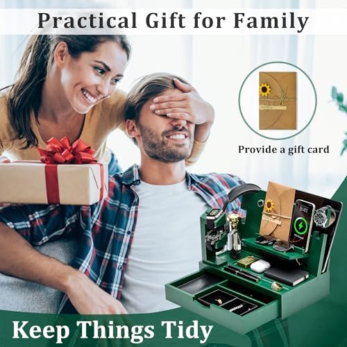 Nightstand Organizer for Men with Large Drawer, Birthday Gifts for Men, Phone Docking Station, Bedside Organizer for Nightstand for Apple Watch, Laptop (Brown, Solid Wood) – Enhanced Compatibility and Speed