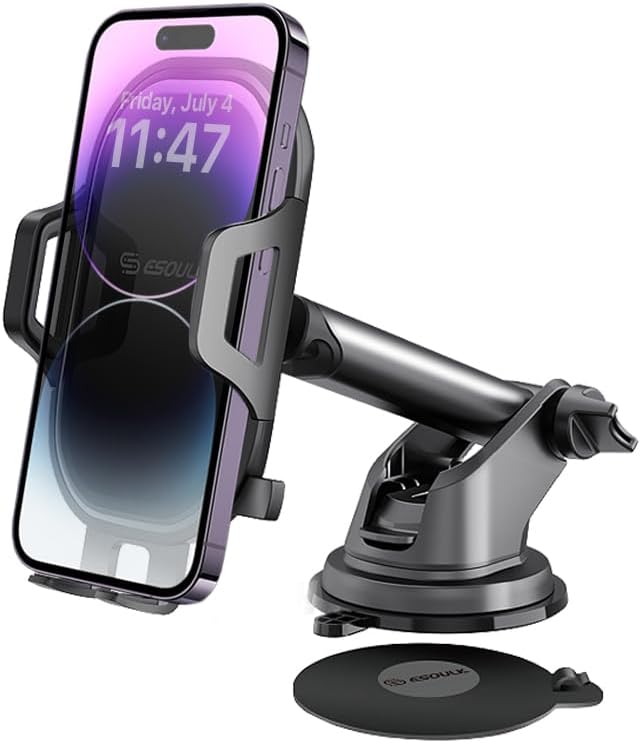Esoulk Secure Grip 360° Rotating Car Phone Holder with Strong Suction Cup & Adjustable Long Arm – Universal Compatibility for i Phone, Samsung, Android & GPS – Enhanced Safety & Convenience for Drivers
