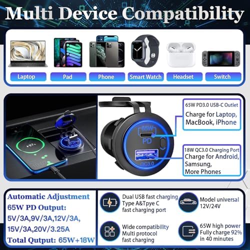 High-Power 83 W 12 V USB Charging Socket with 18 W QC 3.0 & 65 W PD USB-C for Cars, Boats, RVs, and Motorcycles – Energy-Saving ON/OFF Switch for Ultimate Device Compatibility and Fast Charging Solutions