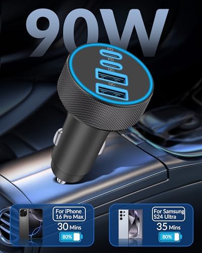 Dual 45 W USB C Car Charger 2-Pack – High-Speed 4-Port Vehicle Adapter for i Phone 16, i Pad, Samsung & Android Devices, 90 W Total Output for Multi-Device Charging – Compact Power Solution for Road Trips and Daily Commutes
