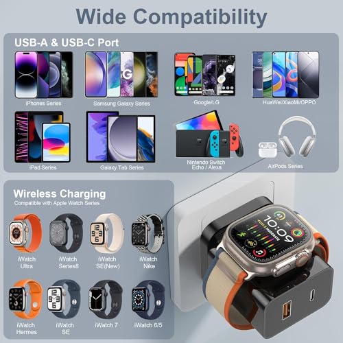 20 W PD 3-in-1 Fast Charger for Apple Watch, i Phone & Air Pods – Magnetic Wireless Charging Station with Dual USB Ports – Compact USB-C Wall Charger for Ultimate Portability and Enhanced Device Compatibility