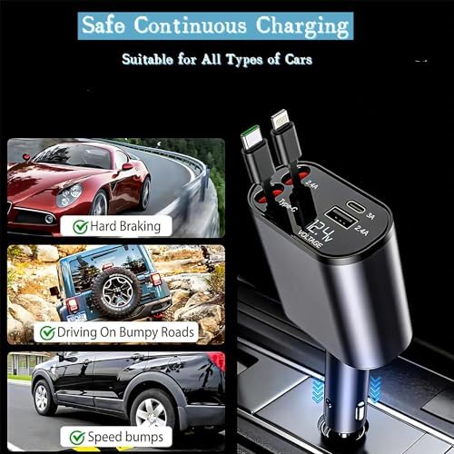 Ultimate Retractable Car Phone Charger – Type C Fast Charging with 120 W Power Output, Dual USB Ports for i Phone 16/15/14/13/12/11 and Galaxy S23/S22/S10 – Tidy, Compact Design for On-the-Go Charging and Easy Storage