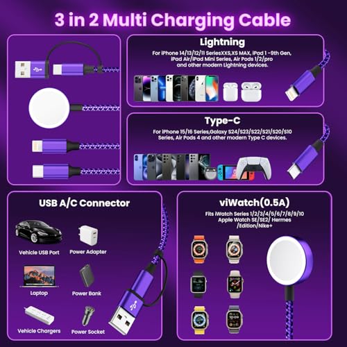 Travel Essentials 3-in-1 Charging Cable for Apple Watch & i Phone | Versatile 5 FT USB A/C to Type C Charger | Fast-Power Solution for Modern Travelers | Ultra-Lightweight & Portable Dual Compatibility | Convenient 2-Pack for Effortless Charging on the Go