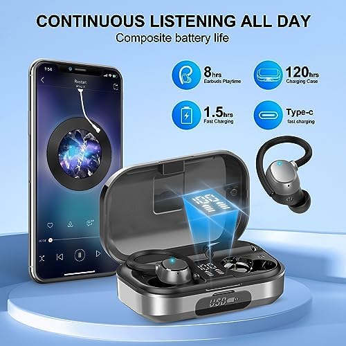 Ultra-Durable Wireless Bluetooth Earbuds with 120-Hour Playtime, Immersive Hi-Fi Stereo Sound, Deep Bass, and HD Microphone – Waterproof IP7, Dual LED Battery Indicator, Quick USB-C Charging for Sports and Active Lifestyles – Enhanced Compatibility for Seamless Connectivity