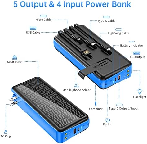 Ultra-Reliable 50,000 m Ah Solar Power Bank with Built-in Cable and Wall Plug | 30 W Fast Charging External Battery Pack with 5 Outputs, Dual LED Flashlights, and Integrated Phone Holder for On-the-Go Convenience (Blue) – Perfect for Travel and Outdoor Adventures