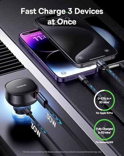 Baseus 33 W Retractable Dual USB-C Car Charger – Fast Charge Your Samsung Galaxy & Tablets on the Go, Sleek Black Design, Compact & Portable, Enhanced Safety Features for Effortless Travel Power Solutions