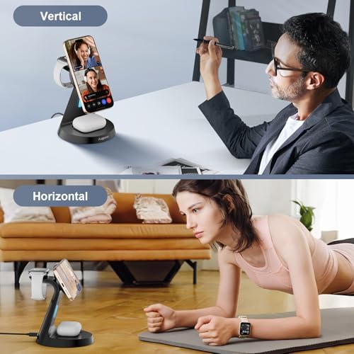 Enhanced 3-in-1 Magnetic Wireless Charging Station with 15 W Fast Charging for i Phone 16/15/14/13/12 Series, Apple Watch, and Air Pods – Ergonomic Design, Adjustable Viewing Angles, and Advanced Safety Features for Optimal Device Care