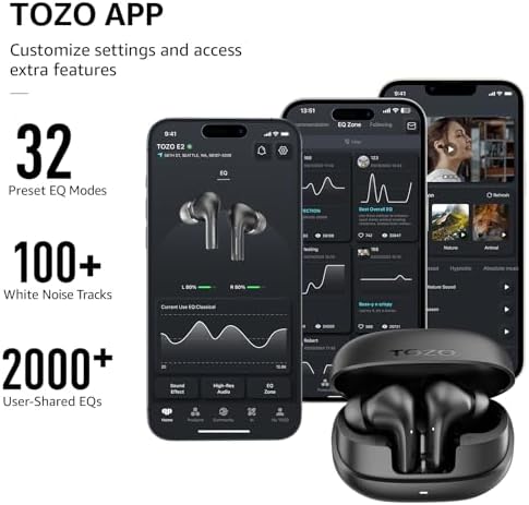 TOZO E2 Wireless Earbuds – Unmatched Sound Clarity with 32 Custom EQ Settings, Smart AI Noise Cancellation for Clear Calls, Enduring 30-Hour Battery Life, Next-Gen Bluetooth 5.3 for Rapid Connectivity, Comfort-Focused Ergonomic Design – Ideal for Music Enthusiasts and Professionals on the Move