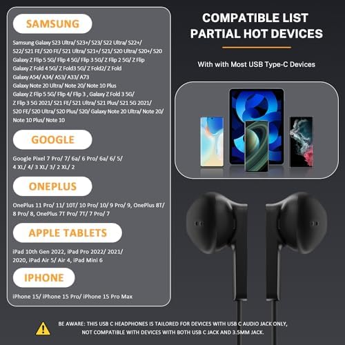 USB C Wired Earbuds for i Phone 15/15 Pro/16 Pro Max & Galaxy S24 Ultra – Premium Noise Isolation Headphones with Microphone for Crystal-Clear Calls and Immersive Sound Quality – Ergonomic In-Ear Design for Ultimate Comfort – Durable, High-Performance USB C Earphones for Everyday Use