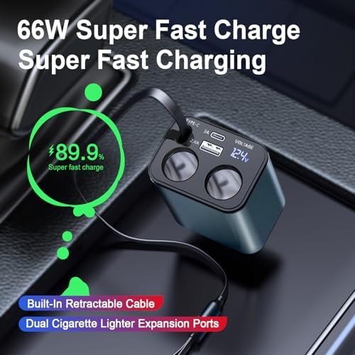 ELOHEI 66 W Retractable Car Charger – 5-in-1 Fast Charging Hub with 31.5″ Tangle-Free Cords, Dual USB Ports for i Phone 16/15/14/13/12 Pro Max & Android – Unmatched Compatibility and Speed for On-the-Go Power Solutions