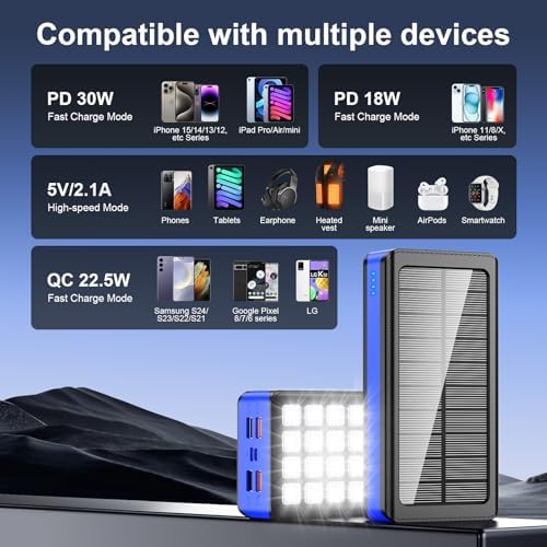 High-Capacity 66800 m Ah Solar Power Bank – Ultra-Fast QC3.0 Portable Charger with 5 USB Outputs, Dual Input Ports & Versatile 32 LED Flashlight Modes for Smartphones, Tablets & Outdoor Adventures – Ideal for Camping, Hiking & Emergency Preparedness
