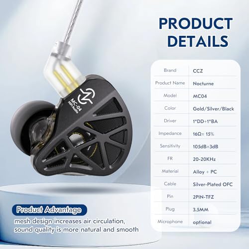 CCZ Nocturne Hybrid Driver IEM Earbuds – Superior Bass-Enhanced Wired Monitors for Immersive Gaming & Studio Excellence with Integrated Mic – Ergonomically Engineered for Musicians & Gamers – Unmatched Audio Precision & Comfort. Experience a revolutionary soundscape with our innovative hybrid driver technology featuring 1 Dynamic and 1 Balanced Armature Driver, delivering an extraordinary audio experience that combines lush bass and crystal-clear highs. Designed for prolonged wear, these earbuds ensure comfort during lengthy sessions, making them ideal for both professional studio work and intense gaming marathons. The built-in microphone facilitates seamless communication, enhancing your gaming and recording capabilities. Compatible with a wide range of devices, the CCZ Nocturne earbuds redefine auditory engagement, ensuring each note resonates with clarity and depth. Crafted from durable materials for longevity, these earbuds promise to elevate your listening experience while enduring the rigors of daily use. Discover the ultimate combination of quality and comfort with CCZ Nocturne, where every beat is a masterpiece.