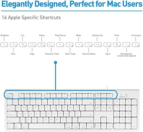 Macally Wired Full-Size Keyboard for All Macs – USB-Compatible, Spill-Proof Design with Number Pad & 16 Apple Shortcuts – Boost Your Productivity in Style!