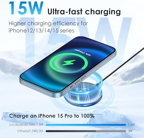 Ultra-Fast Qi2 Magnetic Wireless Charger – 15 W Mag Safe Charging Solution with 1.2 m Cable for i Phone 12/13/14/15 & Air Pods – Effortless Snap-On Design for Enhanced Compatibility and Portability