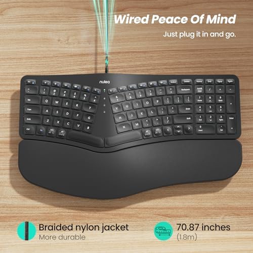 Nulea RT05 C Wired Ergonomic Split Keyboard with Cushioned Wrist Rest – Ultimate Comfort and Adjustable Tilt for Windows/Mac Users, Plug-and-Play USB Corded Design for Enhanced Typing Efficiency and Reduced Strain